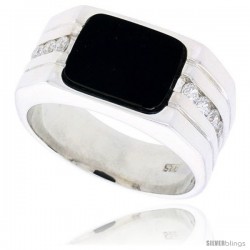 Sterling Silver Gents' Rectangular Black Onyx Ring, w/ 2 Light Grooves At-a-Side & 8 CZ Stones, 7/16" (11 mm) wide