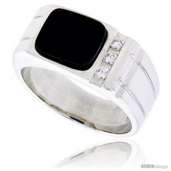 Sterling Silver Gents' Rectangular Black Onyx Ring, w/ 2 Light Grooves At each Side & 3 CZ Stones, 3/8" (10 mm) wide