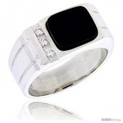 7/16 11mm w/ 2 Light Grooves At-a-Side & 8 CZ Stones Sterling Silver Gents Rectangular Black Onyx Ring size 12 wide 