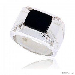 Sterling Silver Gents' Rectangular Black Onyx Ring, w/ 2 Light Grooves At each Side & 8 CZ Stones, 9/16" (14 mm) wide