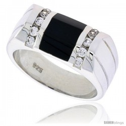 Sterling Silver Gents' Beveled-Rectangular Black Onyx Ring, w/ 2 Light Grooves At each Side & 10 CZ Stones, 3/8" (10 mm) wide