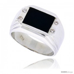 Sterling Silver Gents' Rectangular Black Onyx Ring, w/ Double-Groove Corners & 4 CZ Stones, 1/2" (12 mm) wide