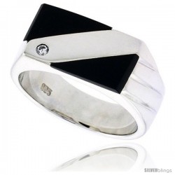 Sterling Silver Gents' Double Triangle Black Onyx Ring, w/ 3 Light Grooves At one Side & 1 CZ Stone, 3/8" (10 mm) wide