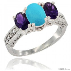 14k White Gold Ladies Oval Natural Turquoise 3-Stone Ring with Amethyst Sides Diamond Accent