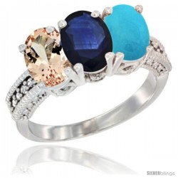 10K White Gold Natural Morganite, Blue Sapphire & Turquoise Ring 3-Stone Oval 7x5 mm Diamond Accent