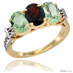 10K Yellow Gold Natural Garnet & Green Amethyst Sides Ring 3-Stone Oval 7x5 mm Diamond Accent