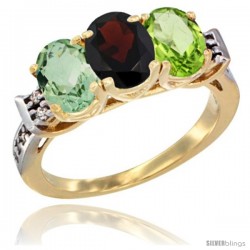 10K Yellow Gold Natural Green Amethyst, Garnet & Peridot Ring 3-Stone Oval 7x5 mm Diamond Accent