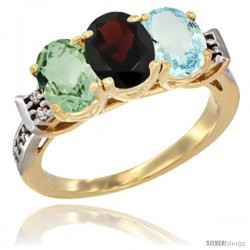 10K Yellow Gold Natural Green Amethyst, Garnet & Aquamarine Ring 3-Stone Oval 7x5 mm Diamond Accent