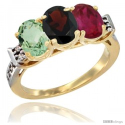 10K Yellow Gold Natural Green Amethyst, Garnet & Ruby Ring 3-Stone Oval 7x5 mm Diamond Accent