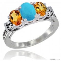 14K White Gold Natural Turquoise & Citrine Ring 3-Stone Oval with Diamond Accent