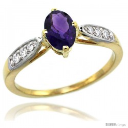 14k Gold Natural Amethyst Ring 7x5 Oval Shape Diamond Accent, 5/16inch wide