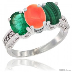 10K White Gold Natural Emerald, Coral & Malachite Ring 3-Stone Oval 7x5 mm Diamond Accent