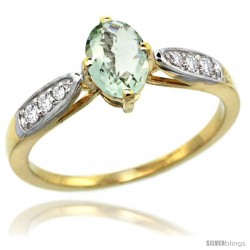 14k Gold Natural Green Amethyst Ring 7x5 Oval Shape Diamond Accent, 5/16inch wide