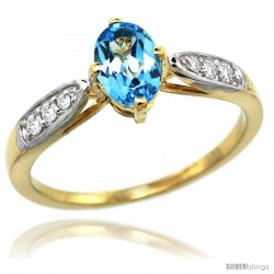 14k Gold Natural Swiss Blue Topaz Ring 7x5 Oval Shape Diamond Accent, 5/16inch wide