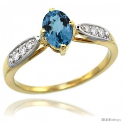 14k Gold Natural London Blue Topaz Ring 7x5 Oval Shape Diamond Accent, 5/16inch wide