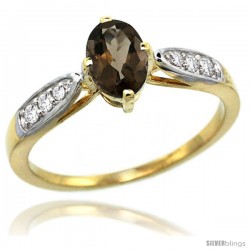 14k Gold Natural Smoky Topaz Ring 7x5 Oval Shape Diamond Accent, 5/16inch wide