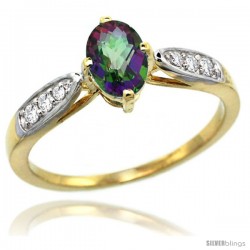 14k Gold Natural Mystic Topaz Ring 7x5 Oval Shape Diamond Accent, 5/16inch wide