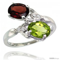 14k White Gold ( 8x6 mm ) Double Stone Engagement Garnet & Peridot Ring w/ 0.04 Carat Brilliant Cut Diamonds & 2.34 Carats Oval