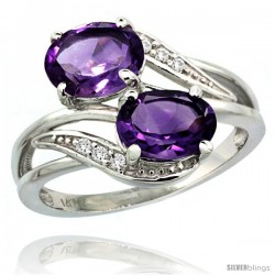 14k White Gold ( 8x6 mm ) Double Stone Engagement Amethyst Ring w/ 0.07 Carat Brilliant Cut Diamonds & 2.34 Carats Oval Cut