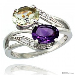 14k White Gold ( 8x6 mm ) Double Stone Engagement Purple & Green Amethyst Ring w/ 0.07 Carat Brilliant Cut Diamonds & 2.34