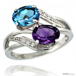 14k White Gold ( 8x6 mm ) Double Stone Engagement Amethyst & Swiss Blue Topaz Ring w/ 0.07 Carat Brilliant Cut Diamonds & 2.34