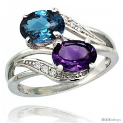 14k White Gold ( 8x6 mm ) Double Stone Engagement Amethyst & London Blue Topaz Ring w/ 0.07 Carat Brilliant Cut Diamonds & 2.34