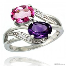 14k White Gold ( 8x6 mm ) Double Stone Engagement Amethyst & Pink Topaz Ring w/ 0.07 Carat Brilliant Cut Diamonds & 2.34 Carats