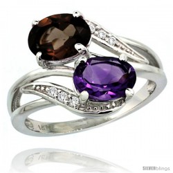 14k White Gold ( 8x6 mm ) Double Stone Engagement Amethyst & Smoky Topaz Ring w/ 0.07 Carat Brilliant Cut Diamonds & 2.34