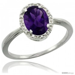 Sterling Silver Natural Amethyst Diamond Halo Ring 1.17 Carat 8X6 mm Oval Shape, 1/2 in wide