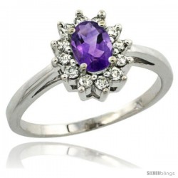 Sterling Silver Natural Amethyst Diamond Halo Ring Oval Shape 1.2 Carat 6X4 mm, 1/2 in wide