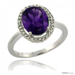 Sterling Silver Diamond Halo Natural Amethyst Ring 2.4 carat Oval shape 10X8 mm, 1/2 in (12.5mm) wide