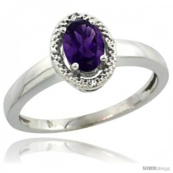 Sterling Silver Diamond Halo Natural Amethyst Ring 0.75 Carat Oval Shape 6X4 mm, 3/8 in (9mm) wide