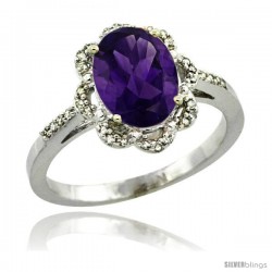 Sterling Silver Diamond Halo Natural Amethyst Ring 1.65 Carat Oval Shape 9X7 mm, 7/16 in (11mm) wide