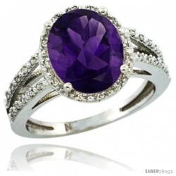 Sterling Silver Diamond Halo Natural Amethyst Ring 2.85 Carat Oval Shape 11X9 mm, 7/16 in (11mm) wide