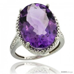 Sterling Silver Diamond Natural Amethyst Ring 13.56 Carat Oval Shape 18x13 mm, 3/4 in (20mm) wide