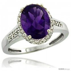 Sterling Silver Diamond Natural Amethyst Ring 2.4 ct Oval Stone 10x8 mm, 1/2 in wide