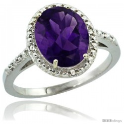 Sterling Silver Diamond Natural Amethyst Ring 2.4 ct Oval Stone 10x8 mm, 1/2 in wide -Style Cwg01111