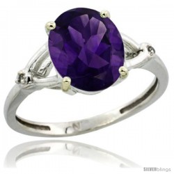 Sterling Silver Diamond Natural Amethyst Ring 2.4 ct Oval Stone 10x8 mm, 3/8 in wide