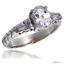 Sterling Silver Tapered Baguette Oval Cubic Zirconia Engagement Ring 1.25 ct. Vintage Style Flawless finish