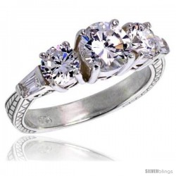 Sterling Silver Ladies' Cubic Zirconia 3-stone Ring Vintage Style Tapered Baguettes Flawless finish