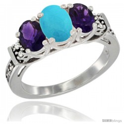 14K White Gold Natural Turquoise & Amethyst Ring 3-Stone Oval with Diamond Accent