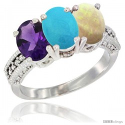 14K White Gold Natural Amethyst, Turquoise & Opal Ring 3-Stone 7x5 mm Oval Diamond Accent