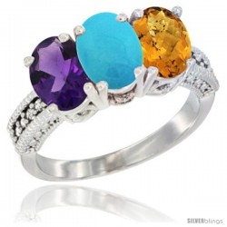 14K White Gold Natural Amethyst, Turquoise & Whisky Quartz Ring 3-Stone 7x5 mm Oval Diamond Accent