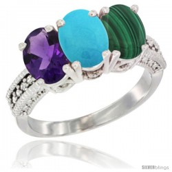 14K White Gold Natural Amethyst, Turquoise & Malachite Ring 3-Stone 7x5 mm Oval Diamond Accent