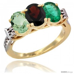 10K Yellow Gold Natural Green Amethyst, Garnet & Emerald Ring 3-Stone Oval 7x5 mm Diamond Accent