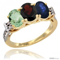 10K Yellow Gold Natural Green Amethyst, Garnet & Blue Sapphire Ring 3-Stone Oval 7x5 mm Diamond Accent