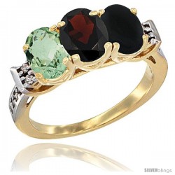 10K Yellow Gold Natural Green Amethyst, Garnet & Black Onyx Ring 3-Stone Oval 7x5 mm Diamond Accent