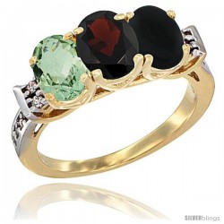 10K Yellow Gold Natural Green Amethyst, Garnet & Black Onyx Ring 3-Stone Oval 7x5 mm Diamond Accent