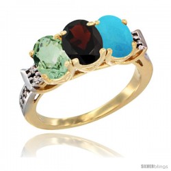 10K Yellow Gold Natural Green Amethyst, Garnet & Turquoise Ring 3-Stone Oval 7x5 mm Diamond Accent