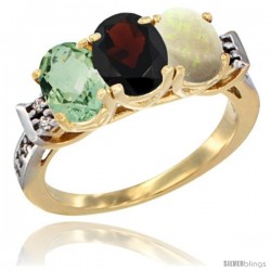 10K Yellow Gold Natural Green Amethyst, Garnet & Opal Ring 3-Stone Oval 7x5 mm Diamond Accent